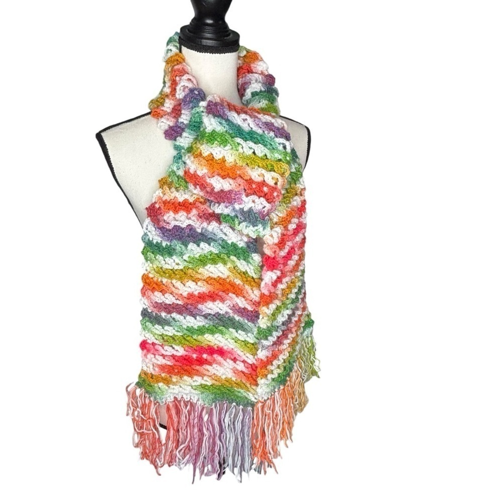 Handcrafted Crochet Scarf Colorful Multicolor Womens Ripple Waffle Stitch Knit - Picture 2 of 16